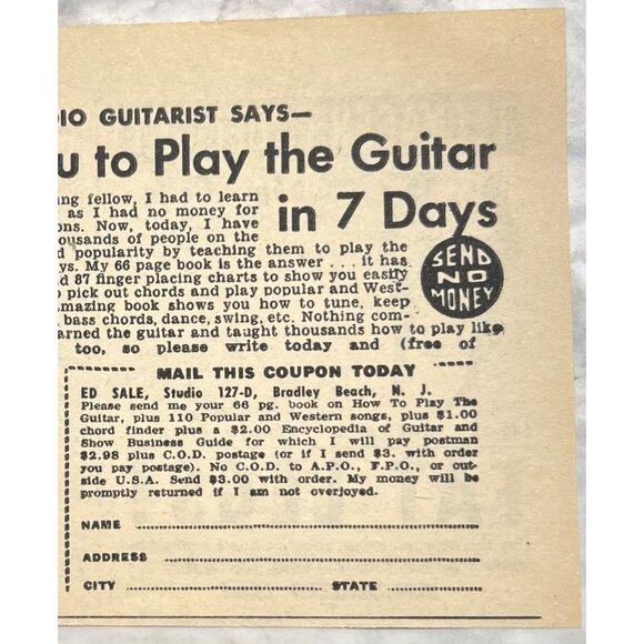 Ed Sale Learn to Play Guitar Print Ad Vintage 1950s Mail Order Bradley Beach NJ - Picture 5 of 5